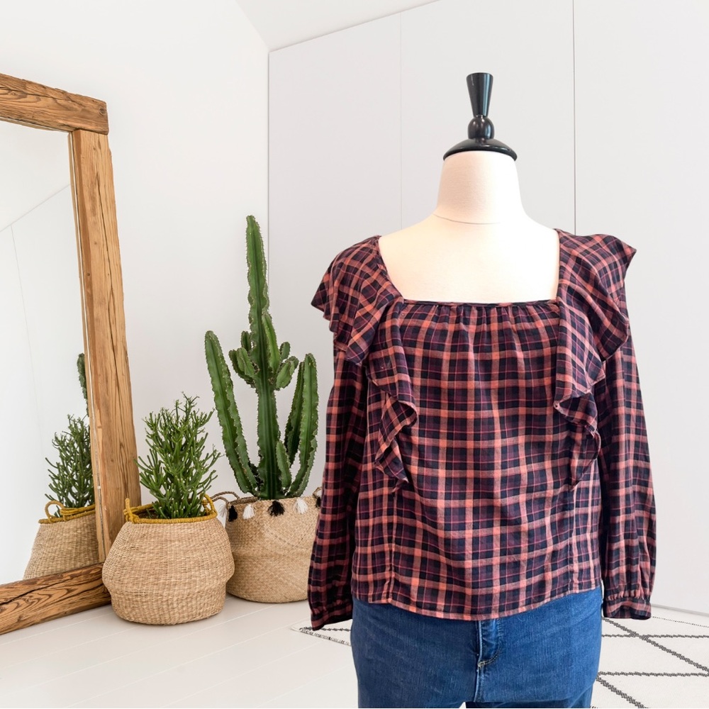 Madewell Plaid Ruffled Square Neck Slightly Cropped Top